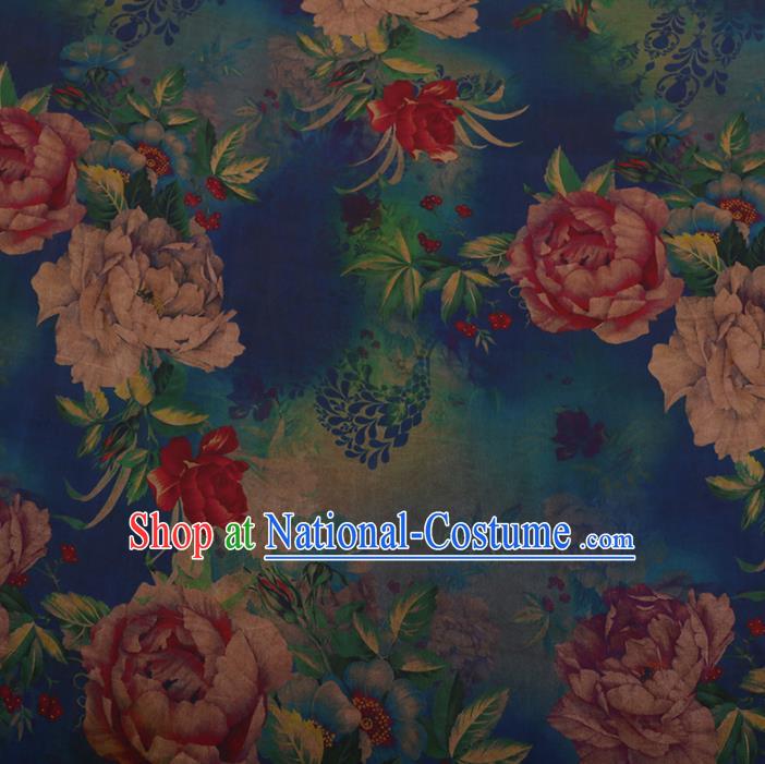 Chinese Traditional Cheongsam Silk Fabric Palace Peony Pattern Blue Satin Plain Gambiered Guangdong Gauze