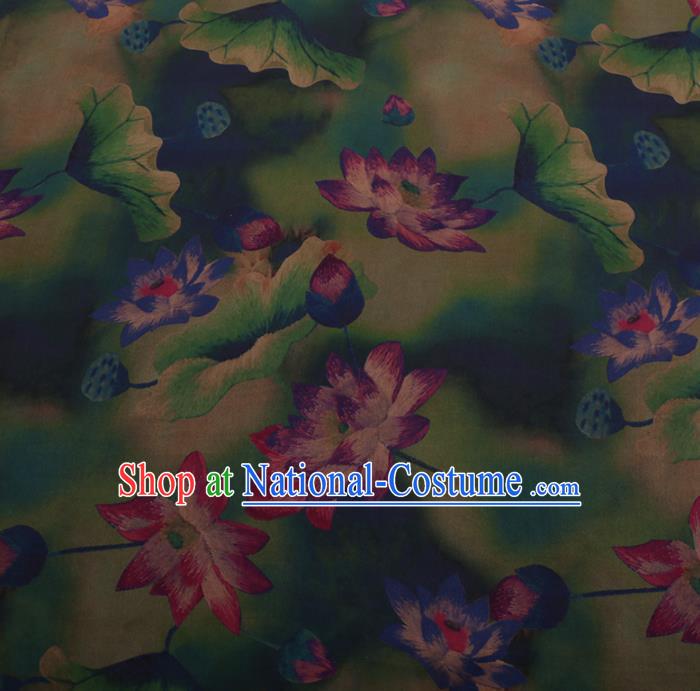 Chinese Traditional Cheongsam Green Silk Fabric Palace Lotus Pattern Satin Plain Gambiered Guangdong Gauze