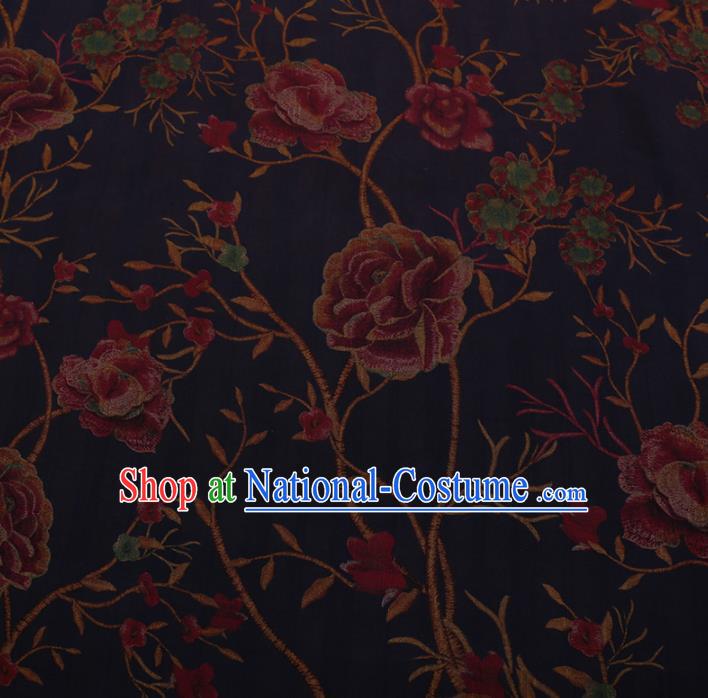 Chinese Traditional Cheongsam Navy Silk Fabric Palace Peony Pattern Satin Plain Gambiered Guangdong Gauze