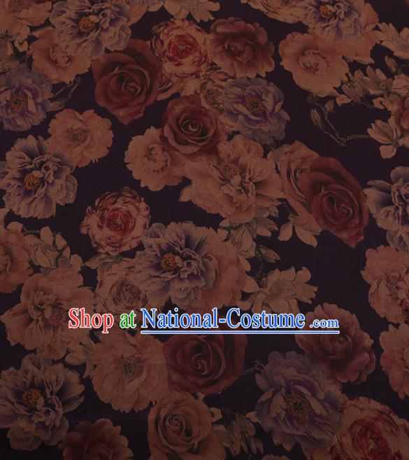 Chinese Traditional Cheongsam Purple Silk Fabric Palace Roses Pattern Jacquard Satin Plain Gambiered Guangdong Gauze