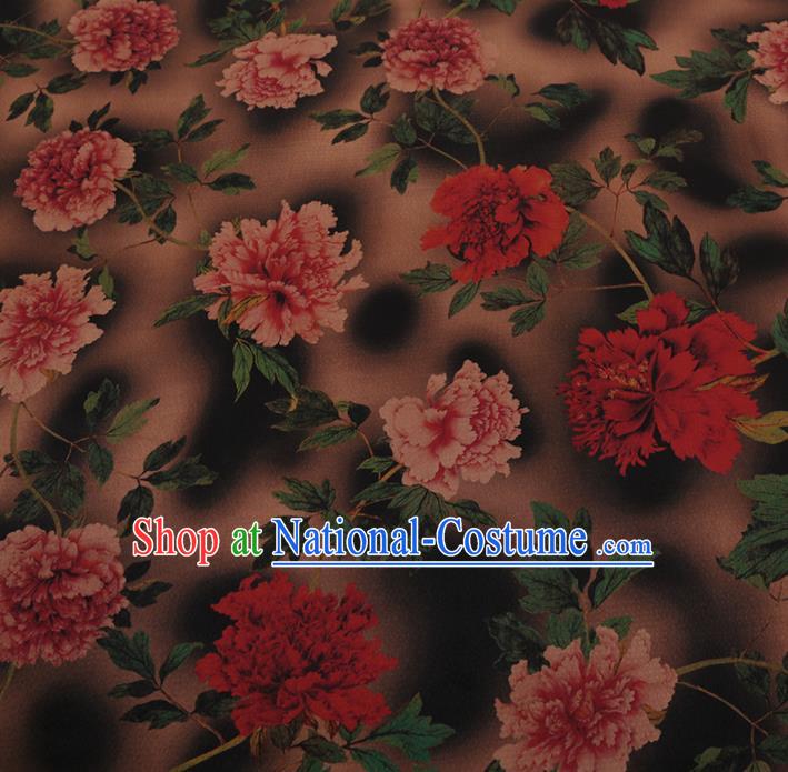 Chinese Traditional Cheongsam Brown Silk Fabric Palace Peony Pattern Jacquard Satin Plain Gambiered Guangdong Gauze