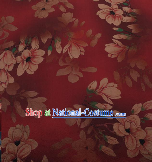 Chinese Traditional Cheongsam Red Silk Fabric Palace Magnolia Pattern Jacquard Satin Plain Gambiered Guangdong Gauze