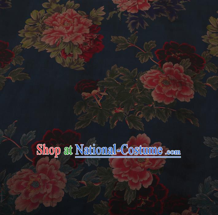 Chinese Traditional Cheongsam Navy Blue Silk Fabric Palace Peony Pattern Jacquard Satin Plain Gambiered Guangdong Gauze