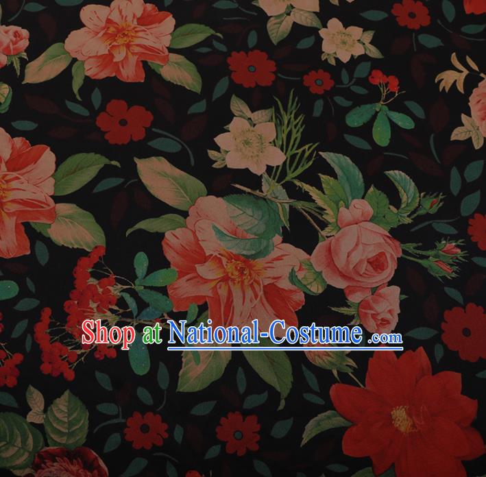 Chinese Traditional Cheongsam Black Silk Fabric Palace Peony Pattern Jacquard Satin Plain Gambiered Guangdong Gauze