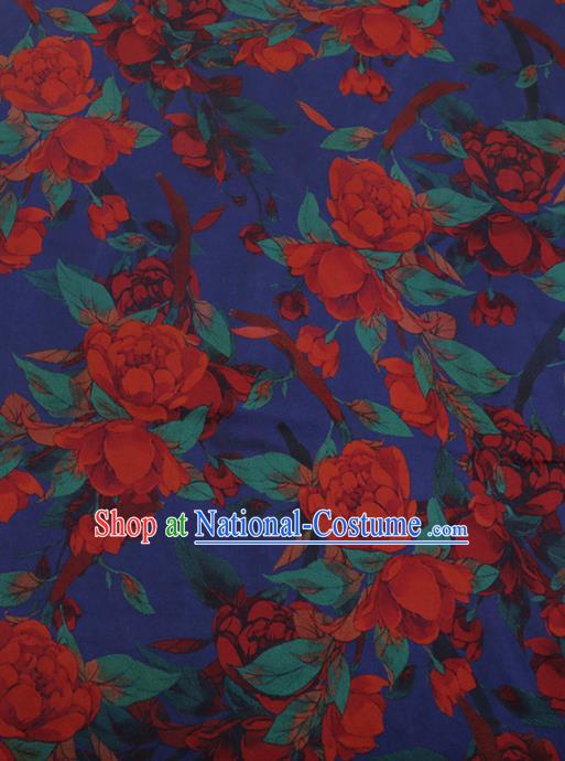 Chinese Traditional Cheongsam Blue Silk Fabric Palace Peony Pattern Jacquard Satin Plain Gambiered Guangdong Gauze