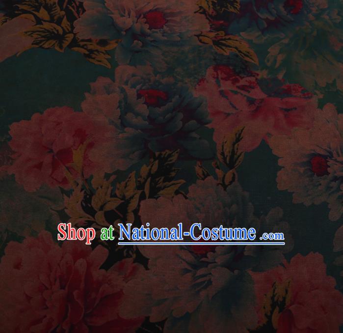 Chinese Traditional Cheongsam Green Silk Fabric Palace Peony Pattern Jacquard Satin Plain Gambiered Guangdong Gauze