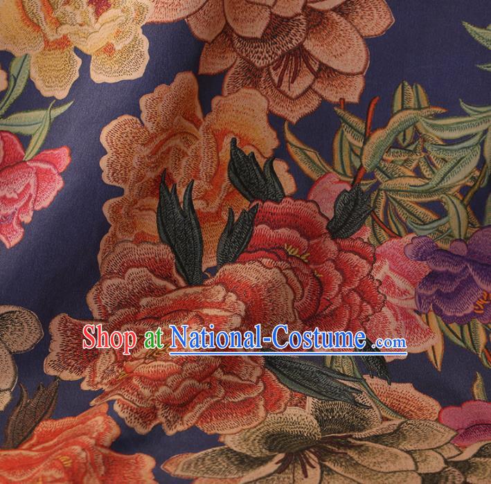 Chinese Traditional Drapery Blue Silk Fabric Palace Peony Flowers Pattern Cheongsam Satin Plain Gambiered Guangdong Gauze