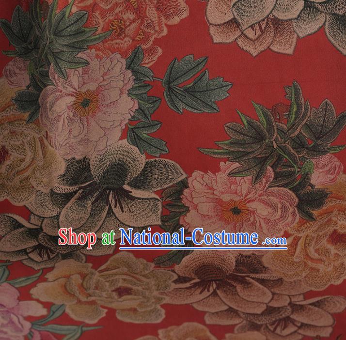 Chinese Classical Red Satin Plain Cheongsam Drapery Silk Fabric Traditional Peony Pattern Gambiered Guangdong Gauze