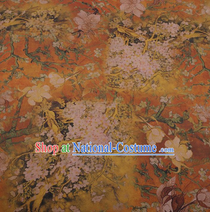 Chinese Classical Golden Satin Plain Cheongsam Drapery Silk Fabric Traditional Pear Flowers Pattern Gambiered Guangdong Gauze