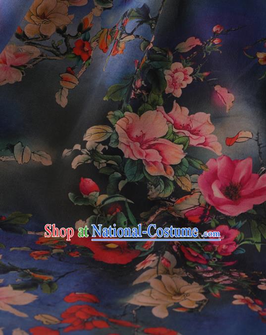 Chinese Classical Navy Satin Plain Cheongsam Drapery Silk Fabric Traditional Peony Pattern Gambiered Guangdong Gauze