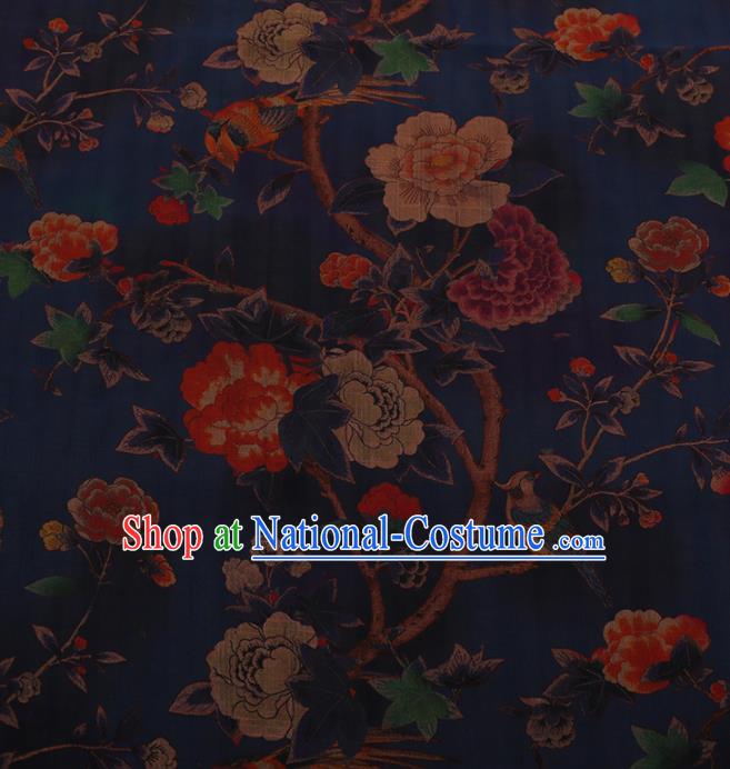 Chinese Traditional Cheongsam Drapery Navy Silk Fabric Palace Peony Pattern Satin Plain Gambiered Guangdong Gauze