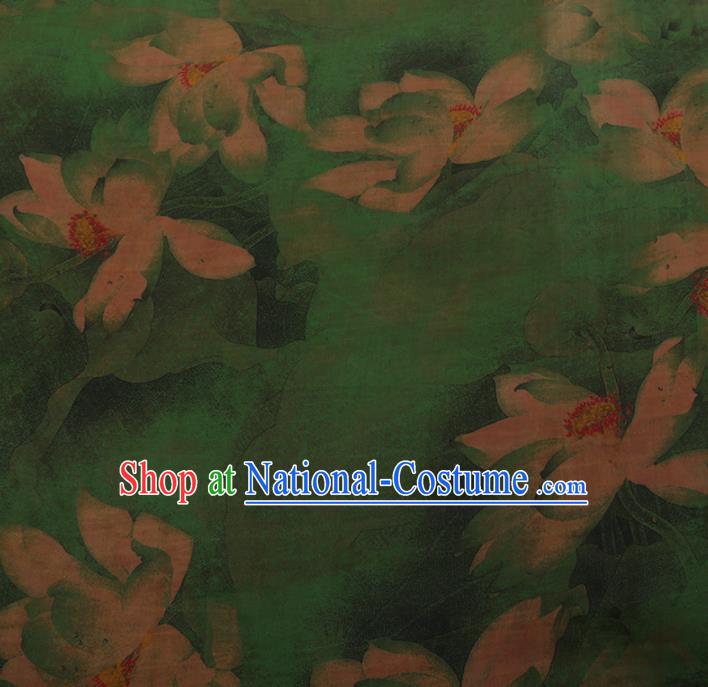 Chinese Classical Green Satin Plain Cheongsam Drapery Silk Fabric Traditional Lotus Pattern Gambiered Guangdong Gauze