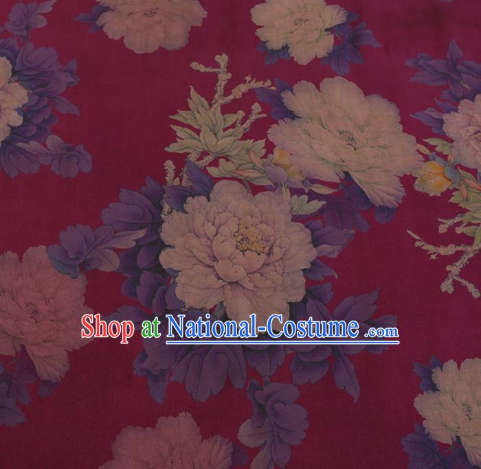 Chinese Classical Amaranth Satin Plain Traditional Peony Pattern Cheongsam Drapery Silk Fabric Gambiered Guangdong Gauze