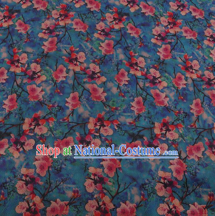 Chinese Classical Blue Satin Plain Traditional Peach Blossom Pattern Cheongsam Drapery Silk Fabric Gambiered Guangdong Gauze