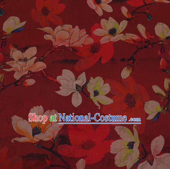 Chinese Classical Red Satin Plain Traditional Yulan Magnolia Pattern Cheongsam Drapery Silk Fabric Gambiered Guangdong Gauze