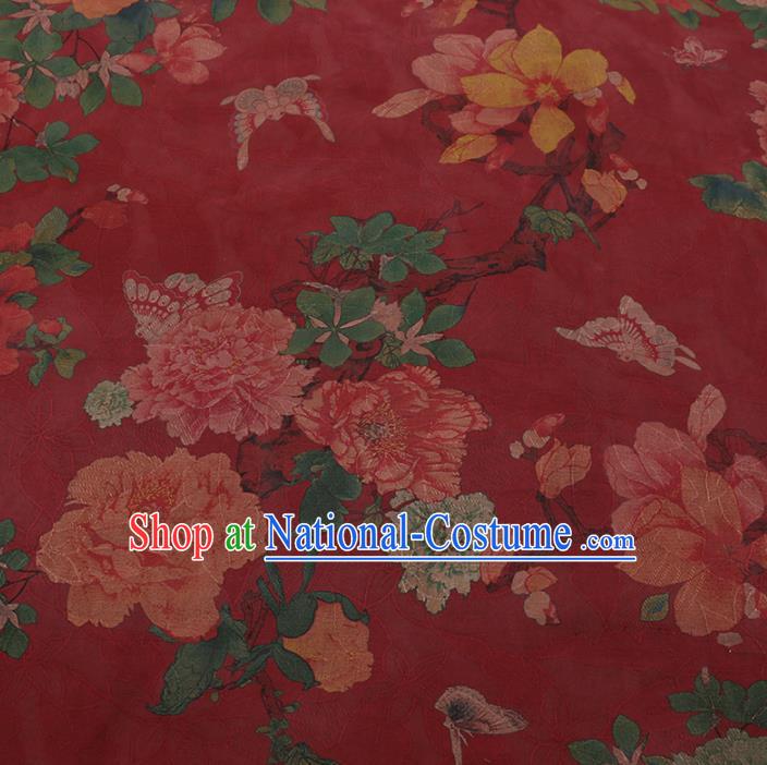 Chinese Classical Red Satin Plain Traditional Butterfly Peony Pattern Cheongsam Drapery Silk Fabric Gambiered Guangdong Gauze