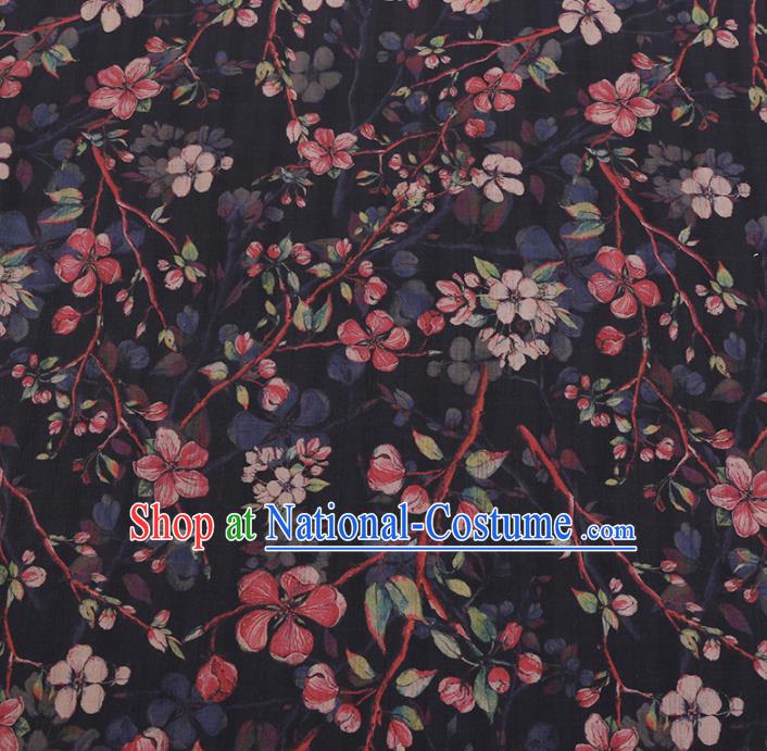 Chinese Classical Black Satin Plain Traditional Peach Blossom Pattern Cheongsam Drapery Silk Fabric Gambiered Guangdong Gauze