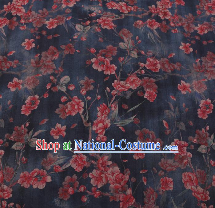 Chinese Classical Navy Satin Plain Traditional Peach Blossom Pattern Cheongsam Drapery Silk Fabric Gambiered Guangdong Gauze