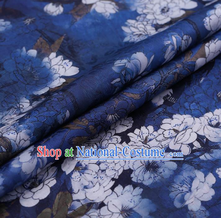 Chinese Classical Blue Silk Fabric Traditional Pear Flowers Pattern Satin Plain Cheongsam Drapery Gambiered Guangdong Gauze