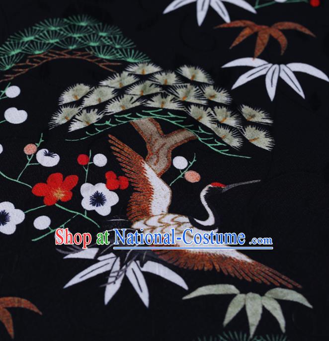 Chinese Classical Black Silk Fabric Traditional Cranes Pine Pattern Satin Plain Cheongsam Drapery Gambiered Guangdong Gauze