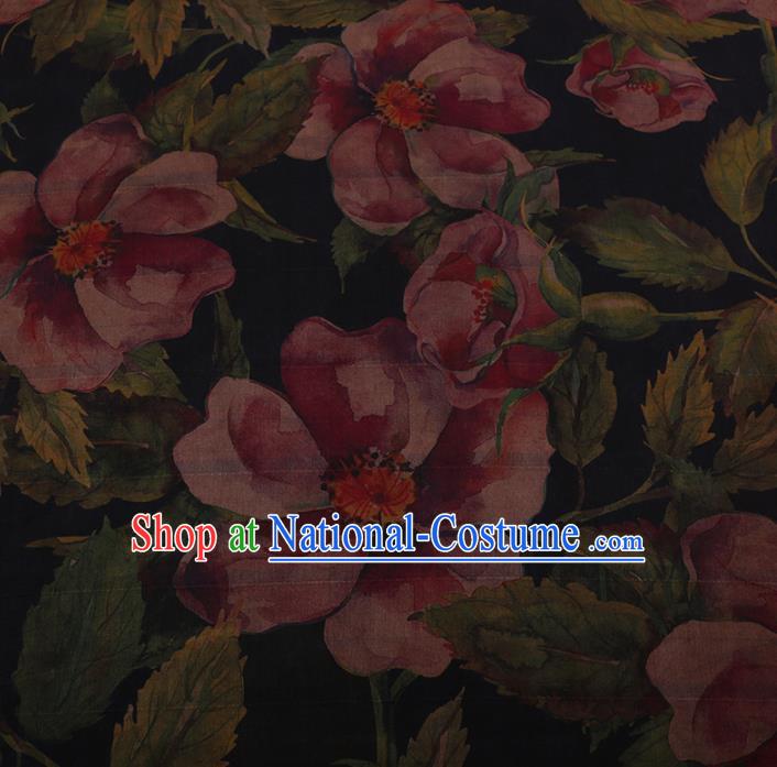 Chinese Traditional Silk Fabric Classical Flowers Pattern Black Satin Plain Cheongsam Drapery Gambiered Guangdong Gauze