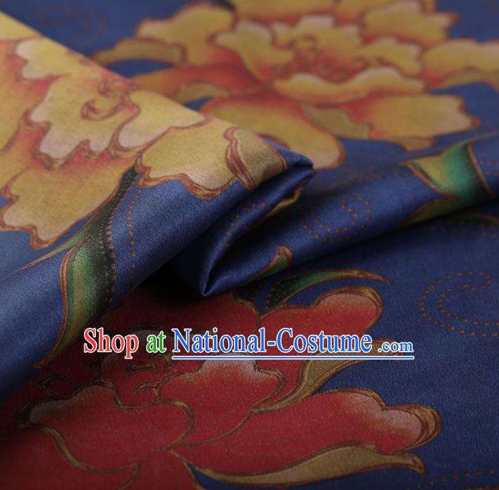 Chinese Traditional Silk Fabric Classical Peony Pattern Royalblue Satin Plain Cheongsam Drapery Gambiered Guangdong Gauze