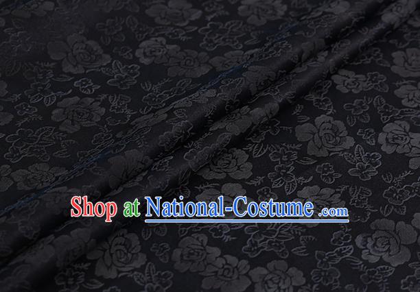 Chinese Classical Black Silk Fabric Traditional Roses Pattern Satin Plain Cheongsam Drapery Gambiered Guangdong Gauze