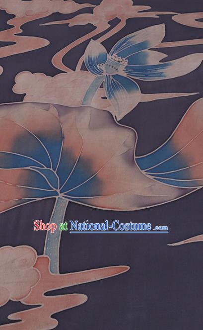 Chinese Classical Silk Fabric Traditional Lotus Leaf Pattern Navy Satin Plain Cheongsam Drapery Gambiered Guangdong Gauze