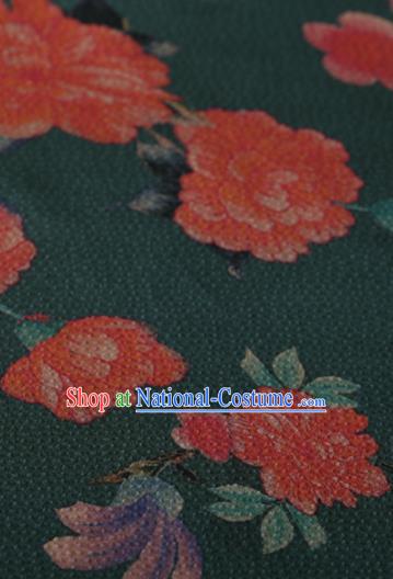 Asian Chinese Silk Fabric Traditional Classical Peony Pattern Deep Green Satin Plain Cheongsam Drapery Gambiered Guangdong Gauze