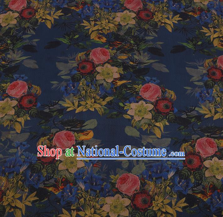 Chinese Traditional Silk Fabric Classical Roses Pattern Blue Satin Plain Cheongsam Drapery Gambiered Guangdong Gauze