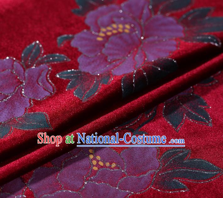 Asian Chinese Red Velvet Fabric Traditional Classical Peony Pattern Cheongsam Pleuche Drapery Gambiered Guangdong Gauze