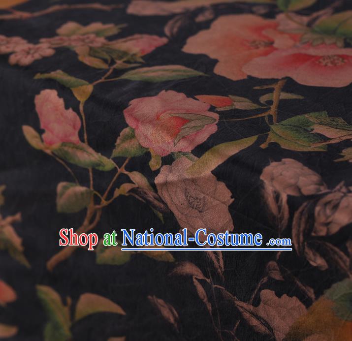 Asian Chinese Gambiered Guangdong Gauze Traditional Black Satin Plain Classical Flowers Pattern Cheongsam Silk Drapery