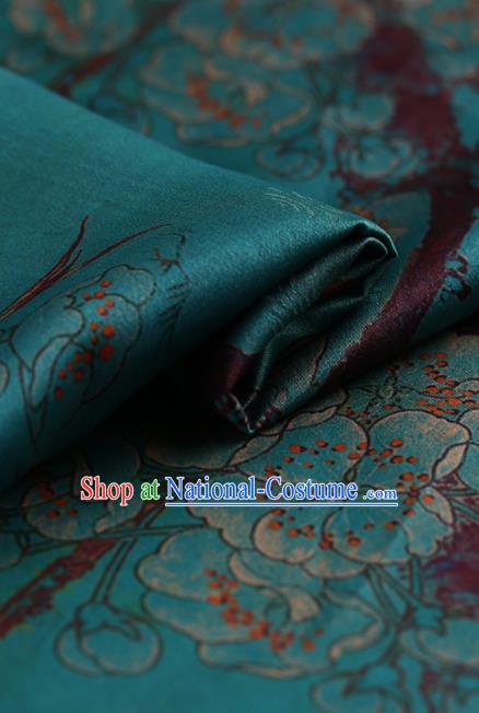 Chinese Traditional Green Gambiered Guangdong Gauze Satin Plain Classical Plum Blossom Pattern Cheongsam Silk Drapery