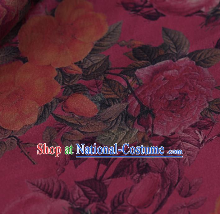 Chinese Traditional Rosy Gambiered Guangdong Gauze Satin Plain Classical Peony Pattern Cheongsam Silk Drapery