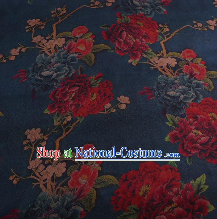 Chinese Traditional Navy Gambiered Guangdong Gauze Satin Plain Classical Peony Pattern Cheongsam Silk Drapery