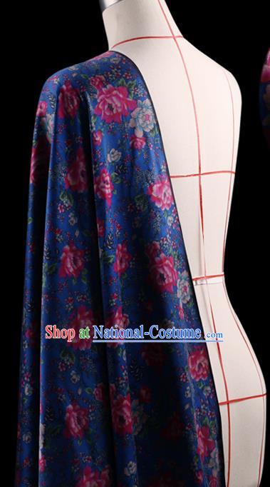 Traditional Chinese Royalblue Gambiered Guangdong Gauze Satin Plain Classical Peony Pattern Cheongsam Silk Drapery