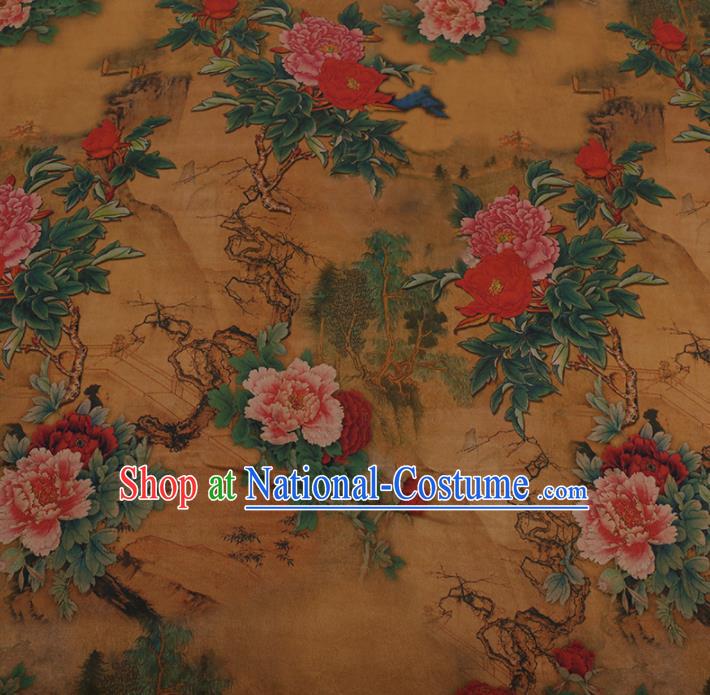 Traditional Chinese Golden Gambiered Guangdong Gauze Satin Plain Classical Peony Pattern Cheongsam Silk Drapery