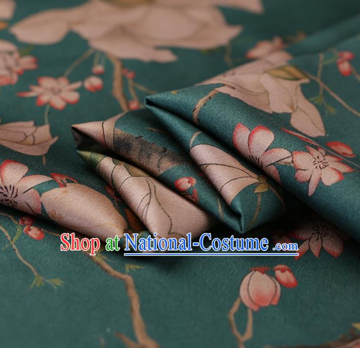 Traditional Chinese Green Gambiered Guangdong Gauze Satin Plain Classical Yulan Magnolia Pattern Cheongsam Silk Drapery