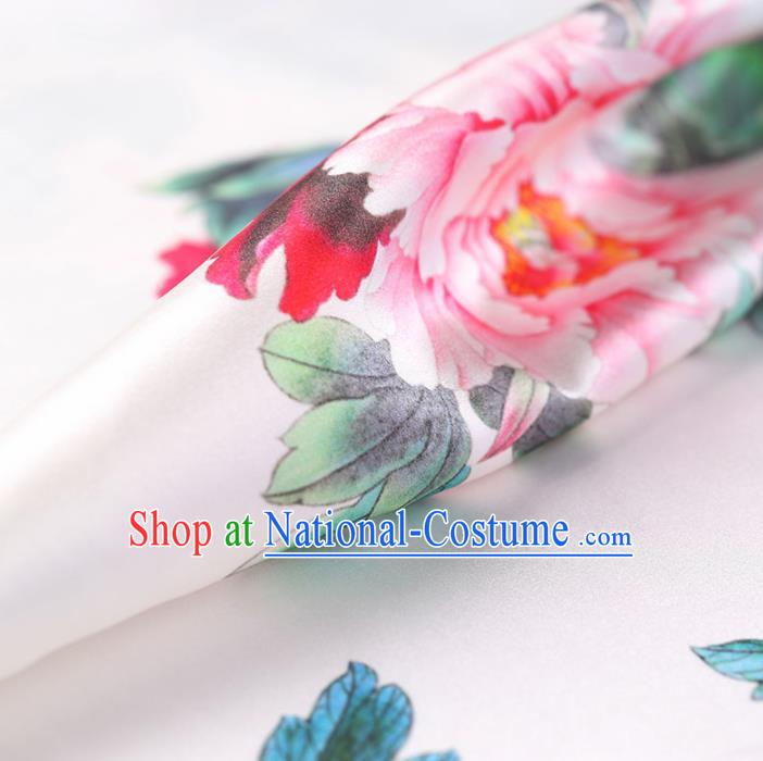 Traditional Chinese White Brocade Fabric Palace Peony Pattern Satin Plain Cheongsam Silk Drapery