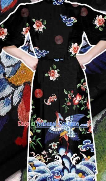 Chinese Traditional Brocade Fabric Palace Cranes Pattern Satin Plain Cheongsam Black Silk Drapery