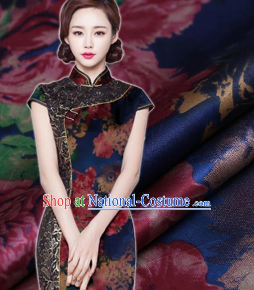 Chinese Traditional Blue Brocade Fabric Palace Peony Pattern Satin Plain Cheongsam Silk Drapery