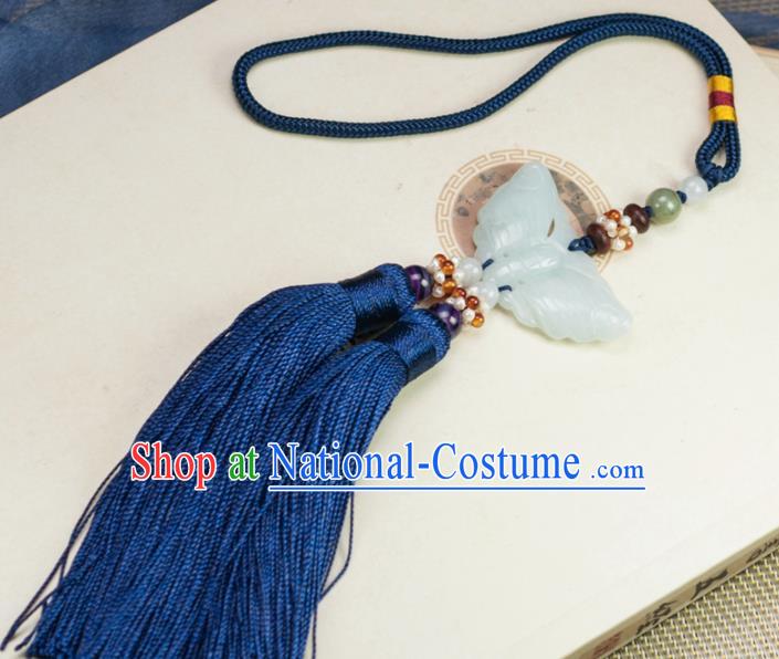 Chinese Traditional Jewelry Accessories Ancient Hanfu Blue Tassel Butterfly Jade Pendant for Women