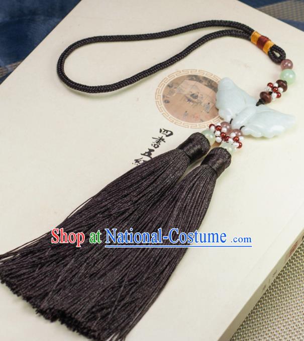 Chinese Traditional Jewelry Accessories Ancient Hanfu Brown Tassel Butterfly Jade Pendant for Women