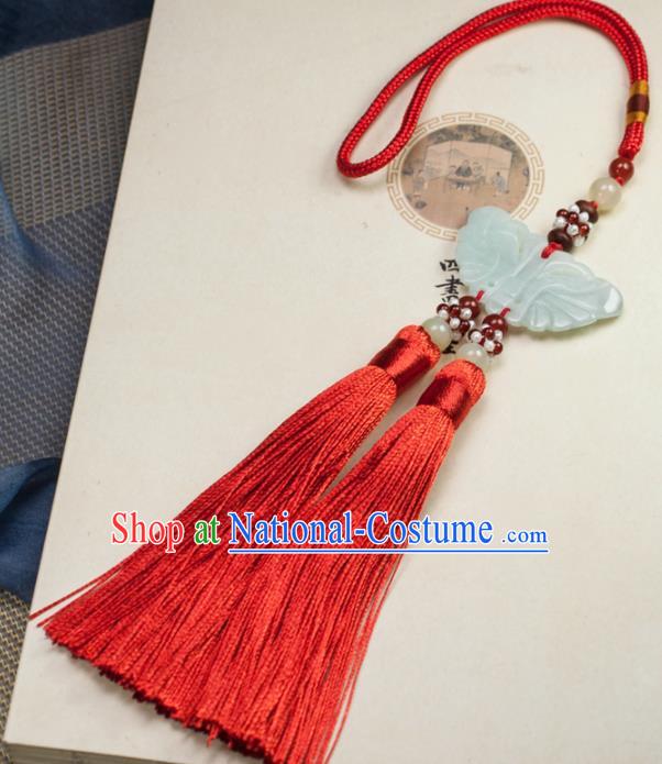 Chinese Traditional Jewelry Accessories Ancient Hanfu Red Tassel Butterfly Jade Pendant for Women