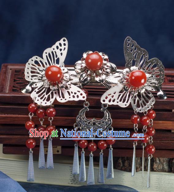 Chinese Traditional Hanfu Hair Accessories Ancient Red Agate Butterfly Hair Stick Tassel Hairpins for Women