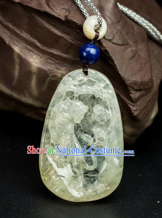 Chinese Traditional Jewelry Accessories Ancient Ice Jade Necklace Yellow Jadeite Carving Tiger Pendant