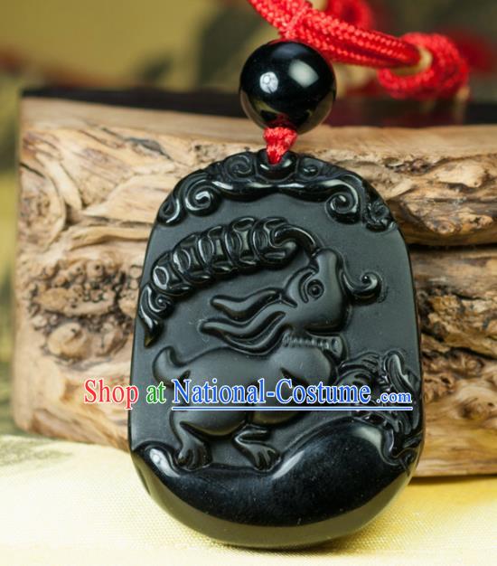 Chinese Traditional Jewelry Accessories Carving Rabbit Obsidian Artware Handmade Pendant