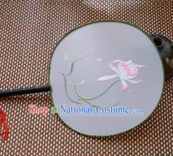 Chinese Traditional Hanfu Palace Fans Ancient Handmade Embroidered Lotus Round Fans for Women