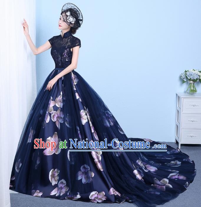 Chinese Classical Catwalks Costumes Traditional Cheongsam Wedding Navy Lace Trailing Full Dress for Women