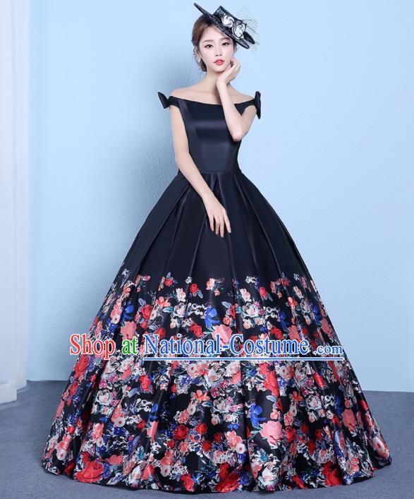 Top Performance Catwalks Costumes Wedding Dress Printing Black Full Dress for Women